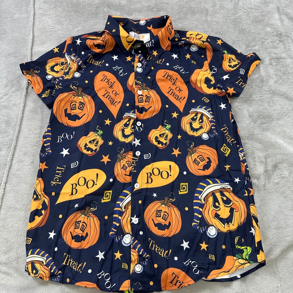 Arvilhill Halloween Button Shirt Mens S Navy Pumpkin Trick or Treat Spooky Party